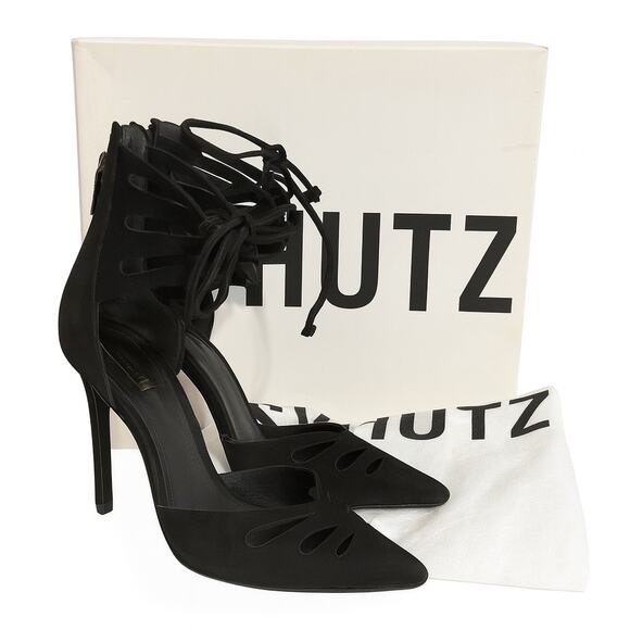 Schutz Black Leather Lace Up Heels Size 7.5B - Picture 6 of 13